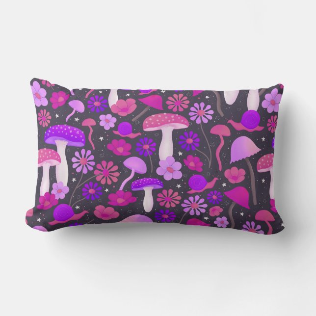 Floral Mushrooms Retro Pink, Purple & Black Lumbar Cushion (Front)