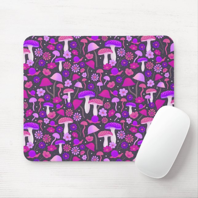 Floral Mushrooms Trippy Pink, Purple & Black Mouse Mat (With Mouse)