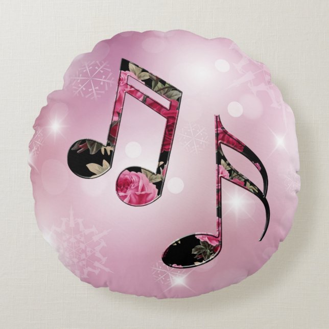 Floral Music Notes Pink Snowflakes Round Cushion (Front)
