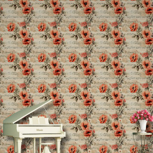 Floral Musical Notes Pattern Red Peel And Stick Wallpaper