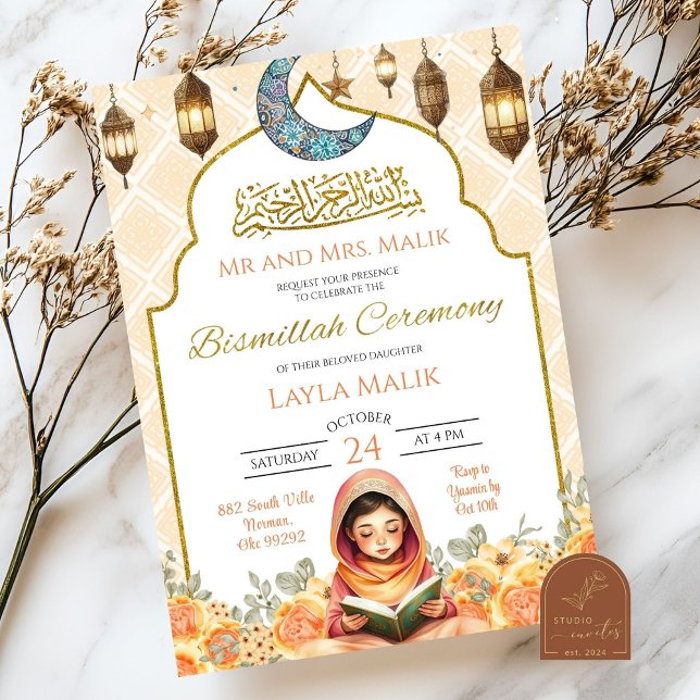Floral Muslim Girl Bismillah Ceremony Invitation (Creator Uploaded)