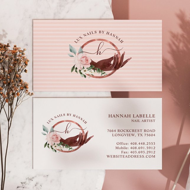 Floral Nail Art Manicure Hand Salon Monogram Logo Business Card (Chic Antique Black Chandelier Marble Business Card)