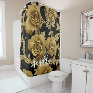 Floral Name Black and Gold Shower Curtain