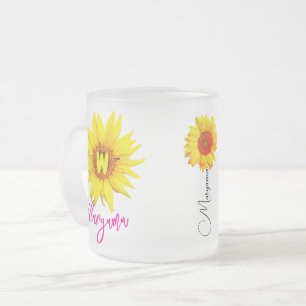 Floral Name & Monogram Personalised Sunflower Frosted Glass Coffee Mug