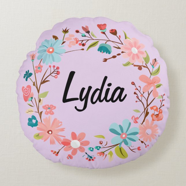 Floral Name Round Pillow – Personalised Gift (Front)