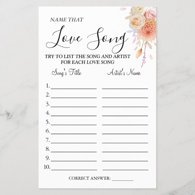 Floral Name that love song shower game card (Front)