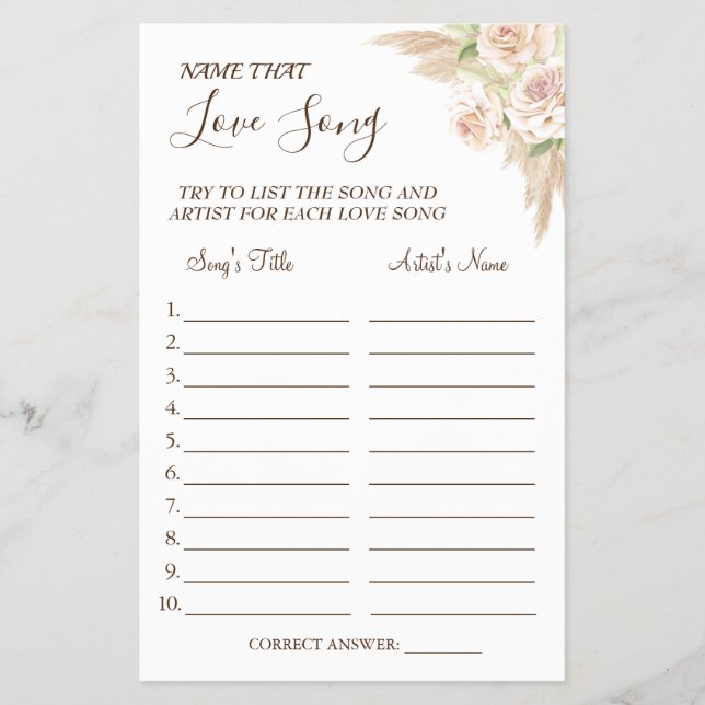 Floral Name that love song shower game card (Front)