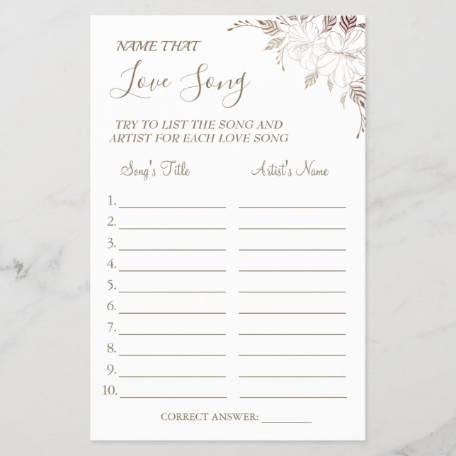 Floral Name that love song shower game card Flyer (Front)