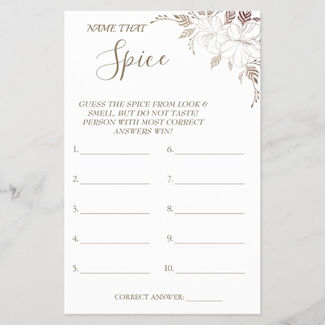 Floral Name that Spice Bridal shower game card Fly (Front)