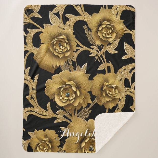 Floral Name Throw Blanket - Black and Gold (Front)