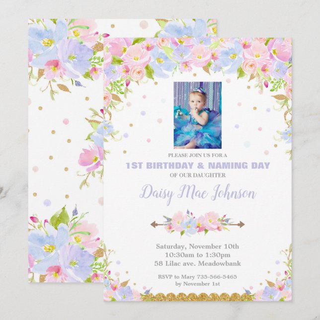 Floral Naming Day and 1st Birthday Invitation Girl (Front/Back)