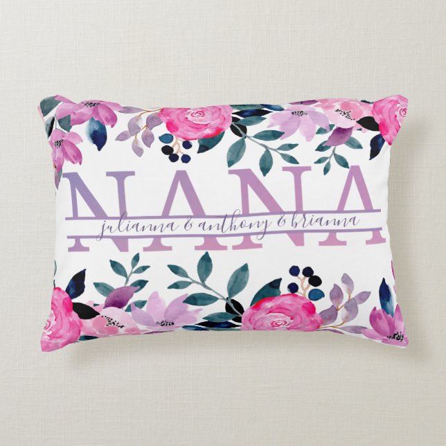 Floral Nana split Monogram with grandkids names Decorative Cushion (Front)