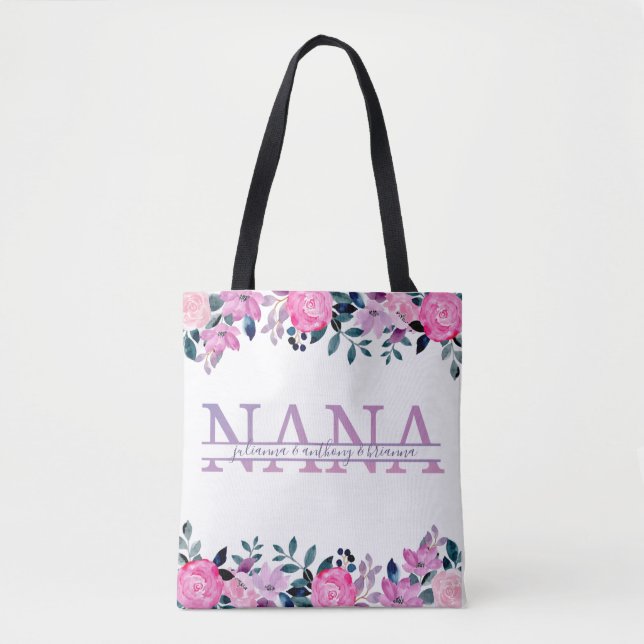 Floral Nana split Monogram with grandkids names Tote Bag (Front)