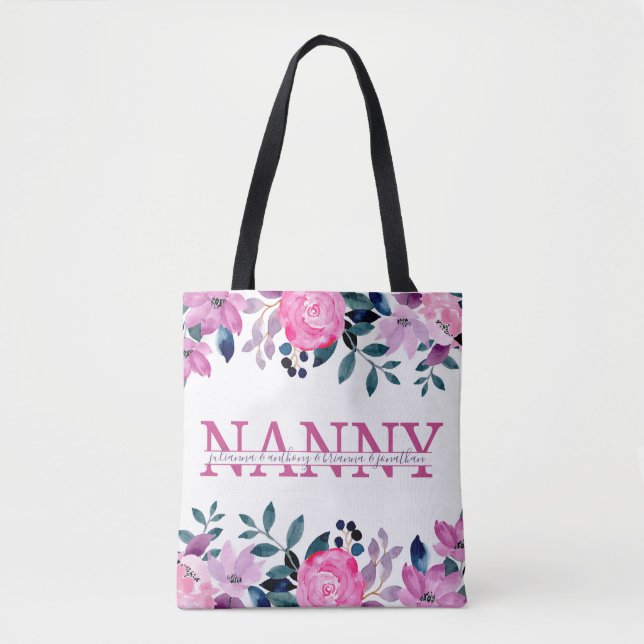 Floral Nanny split Monogram with grandkids names Tote Bag (Front)