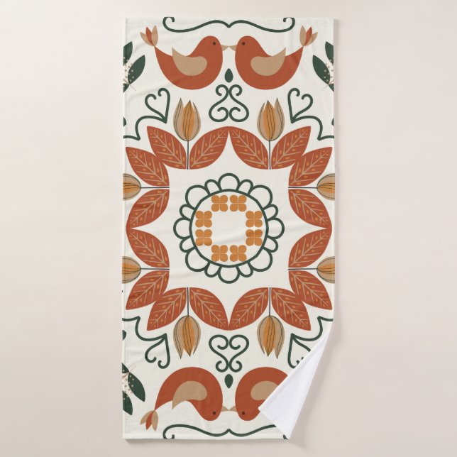 Floral natural abstract geometric pattern on white bath towel (Bath Towel)