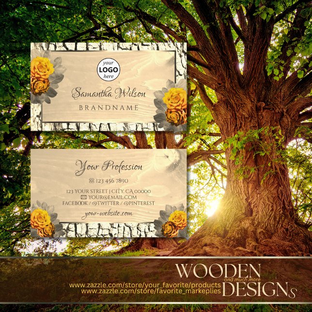 Floral Natural Light Brown Wood Tree Bark and Logo Business Card (Creator Uploaded)