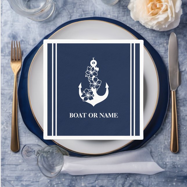 Floral Nautical Anchor Custom Boat Name Napkin (Creator Uploaded)
