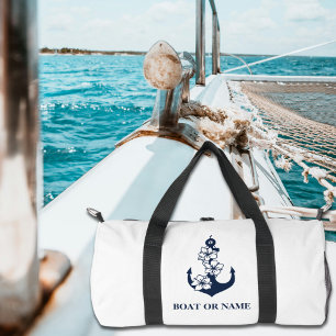 Floral Nautical Anchor Custom Boat Name White Duffle Bag