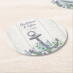 Floral Nautical Anchor Round Paper Coaster