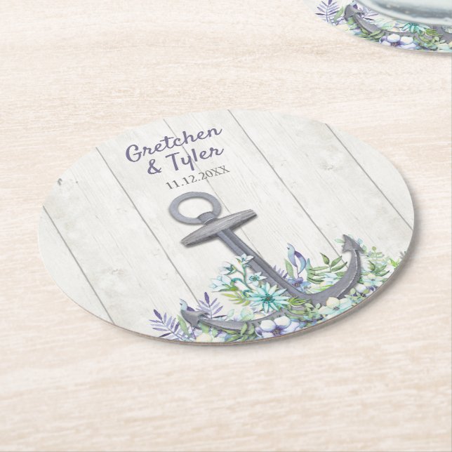 Floral Nautical Anchor Round Paper Coaster (Angled)