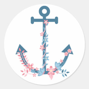 Floral Nautical Pink And Blue Ship Anchor Classic Round Sticker