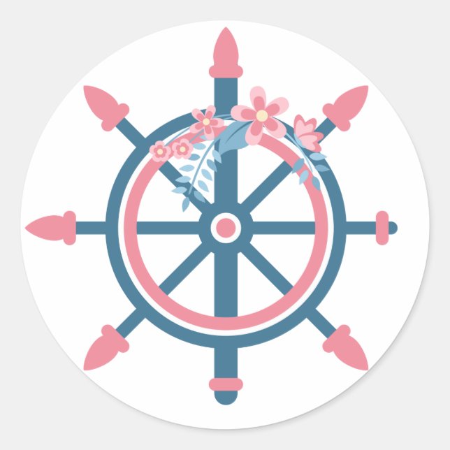 Floral Nautical Ship Wheel Pink And Blue Flowers Classic Round Sticker (Front)