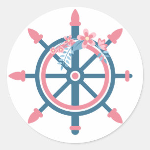 Floral Nautical Ship Wheel Pink And Blue Flowers Classic Round Sticker