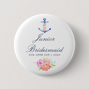 Floral Nautical Wedding Junior Bridesmaid 6 Cm Round Badge
