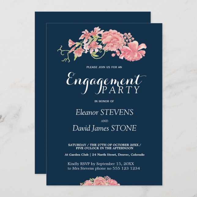 Floral navy and blush engagement party invite (Front/Back)