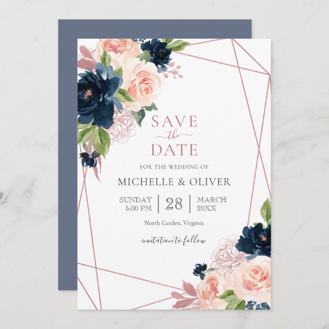Floral Navy and Blush Geometric Save the Date Invitation (Front/Back)