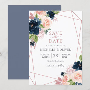 Floral Navy and Blush Geometric Save the Date Invitation