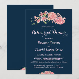 Floral navy and blush wedding rehearsal dinner invitation