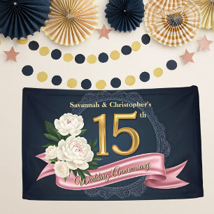 Floral Navy and Gold 15th Wedding Anniversary Banner