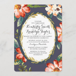 floral navy and gold vintage wedding invitation
