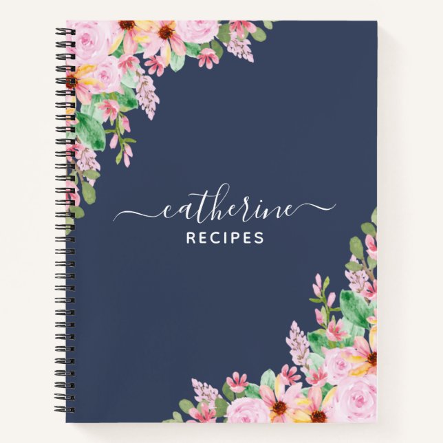 Floral Navy Blank own Cookbook Recipe To Write In  Notebook (Front)