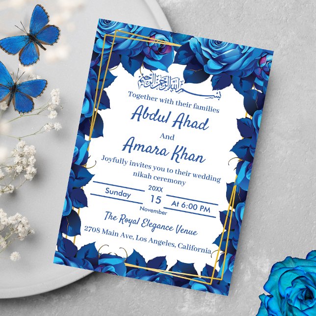 Floral Navy Blue and Gold Frame Islamic Wedding  Invitation (Creator Uploaded)