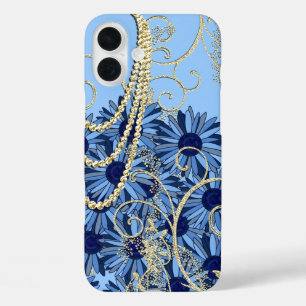 Floral Navy Blue and Gold Swirl iPhone 16 Plus Case