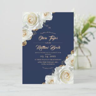 Floral Navy Blue and White Roses Wedding Invitation