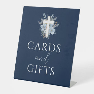 floral navy blue baptism cards & gifts sign