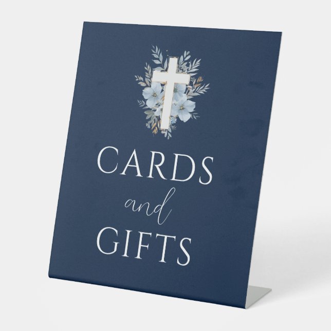 floral navy blue baptism cards & gifts sign (Front)