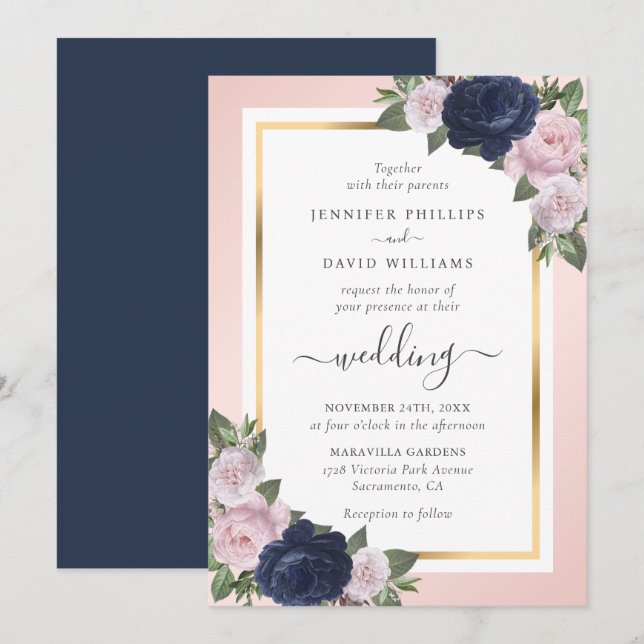 Floral Navy Blue Blush Gold Calligraphy Wedding Invitation (Front/Back)