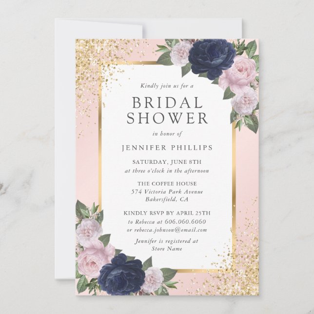Floral Navy Blue Blush Pink Gold Bridal Shower Invitation (Front)
