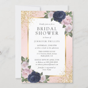 Floral Navy Blue Blush Pink Gold Bridal Shower Invitation