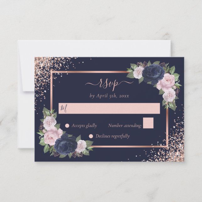 Floral Navy Blue Blush Pink Rose Gold Wedding RSVP Card (Front)