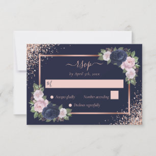 Floral Navy Blue Blush Pink Rose Gold Wedding RSVP Card
