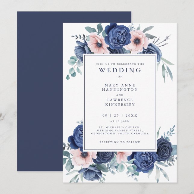 Floral Navy Blue Blush Pink Wedding Invitation (Front/Back)