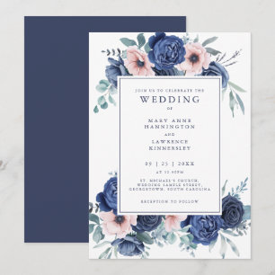 Floral Navy Blue Blush Pink Wedding Invitation