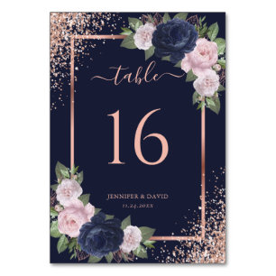 Floral Navy Blue Blush Rose Gold Frame Wedding Table Number