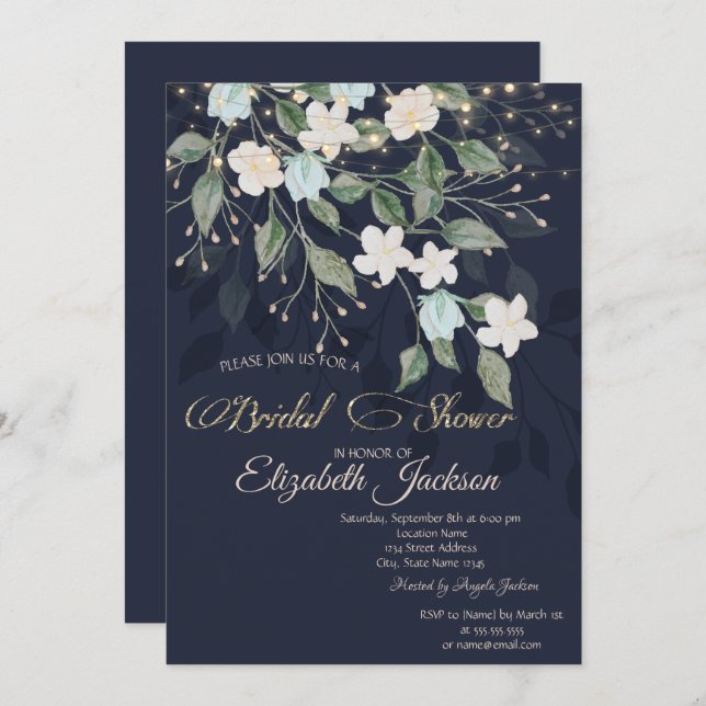 Floral Navy Blue Bridal Shower Invitation (Front/Back)