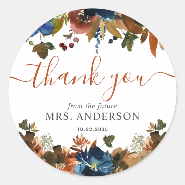 Floral Navy Blue Brown Bridal Shower Thank You Classic Round Sticker (Front)